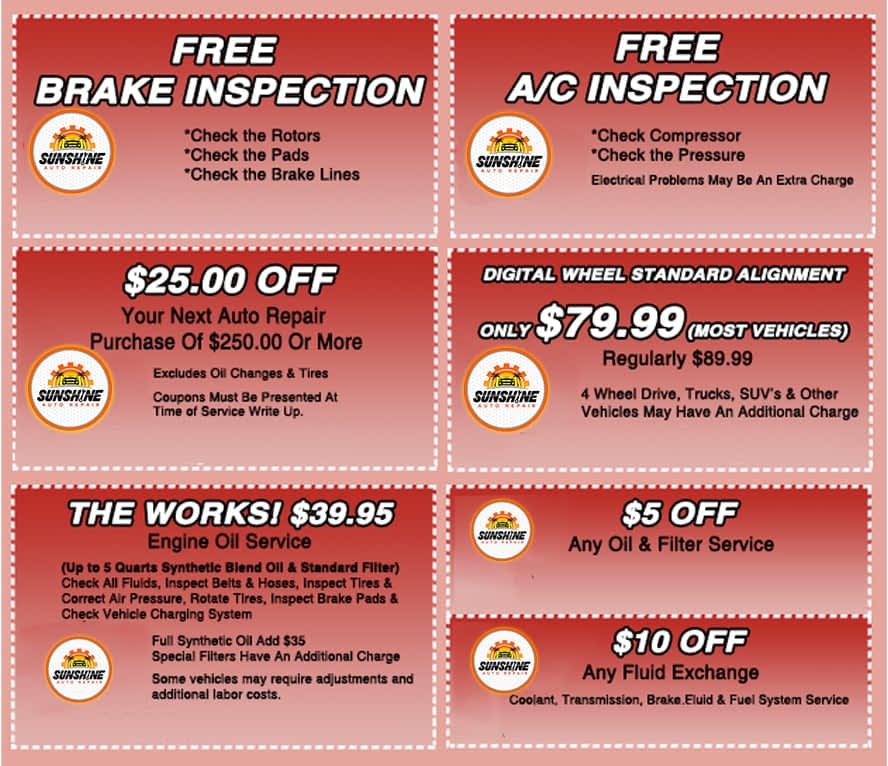 sunshine autorepair coupons el cajon, ca 92020